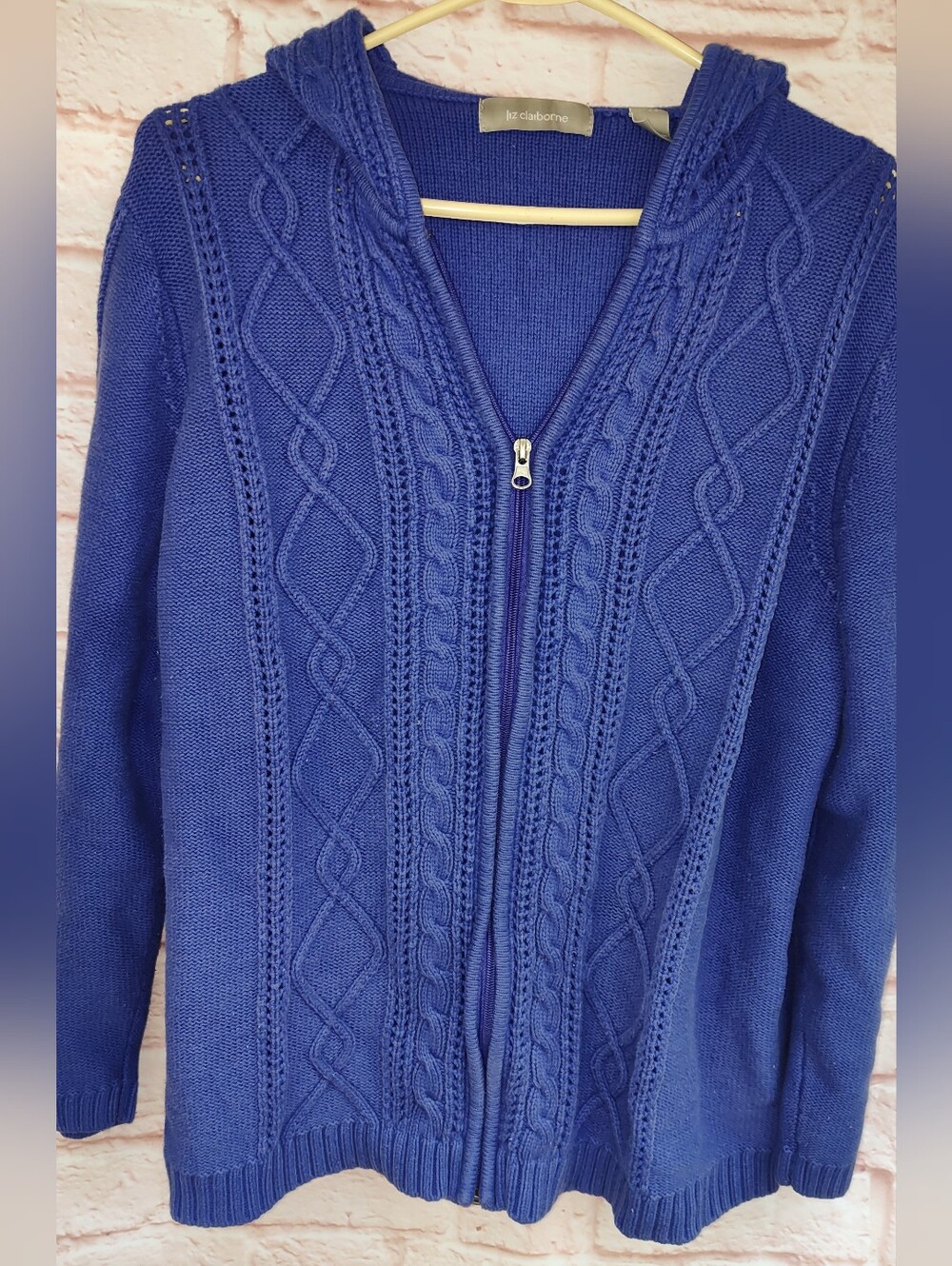 Liz Claiborne Purple Full zip Cable Knit Hooded sweater, Medium